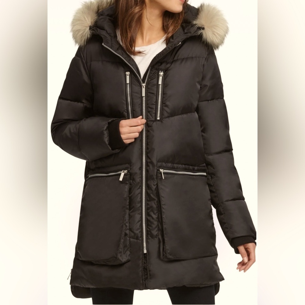 DKNY Black women m’s TITA Parka Puffer Coat with Hood and Mid-Thigh Length